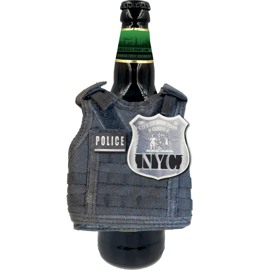 NYPD New York City Police Officer Tactical Beverage Bottle or Can Cooler Vest with removable patches perfect gift for Challenge Coin collectors