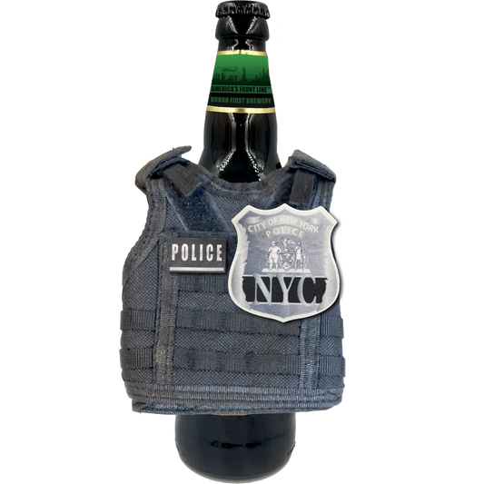 NYPD New York City Police Officer Tactical Beverage Bottle or Can Cooler Vest with removable patches perfect gift for Challenge Coin collectors