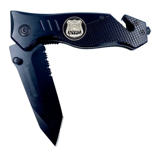 NYPD New York City Police Department Knife 3-in-1 Tactical Rescue knife tool with Seatbelt Cutter, Steel Serrated Blade, Glass