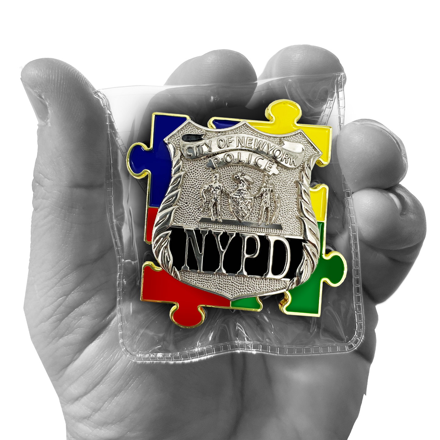 EE-022 NYPD Police Officer New York City Police Autism Awareness Month lapel pin puzzle pieces display like a challenge coin