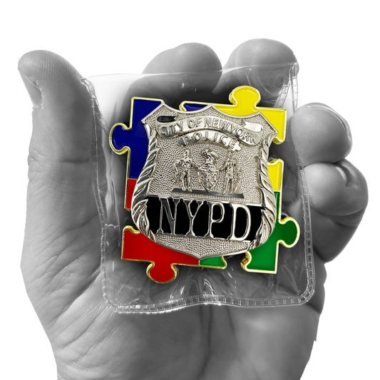 EE-022 NYPD Police Officer New York City Police Autism Awareness Month lapel pin puzzle pieces display like a challenge coin