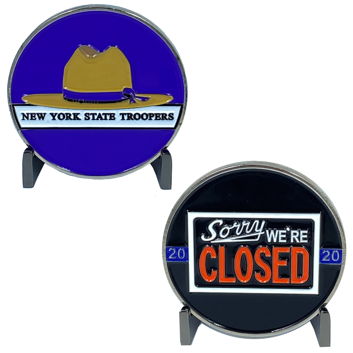DL6-15 NYS New York State Police Trooper Thin Blue Line Sorry We're Closed Challenge Coin
