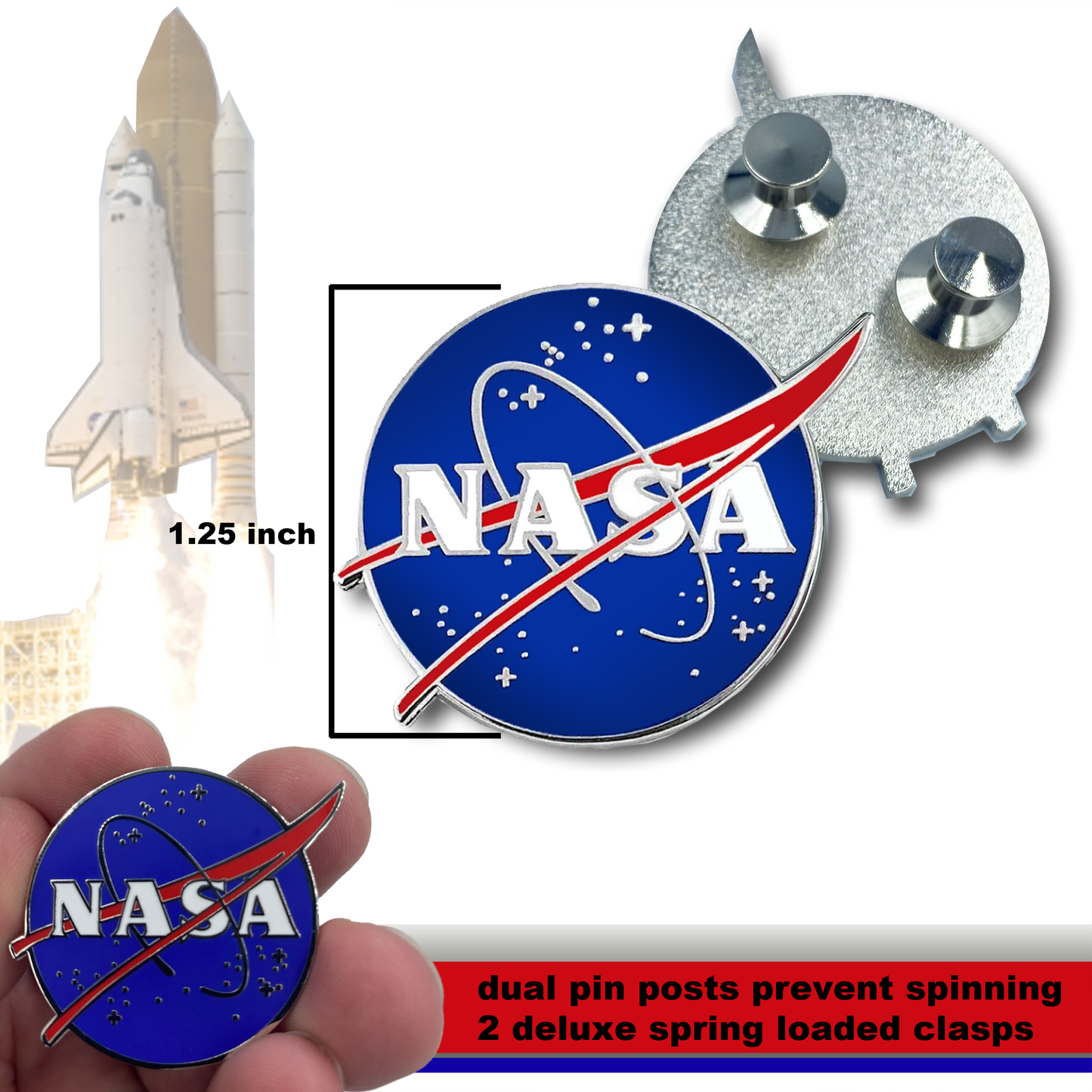 CC-008 NASA Pin with dual pin posts and deluxe pin clasps