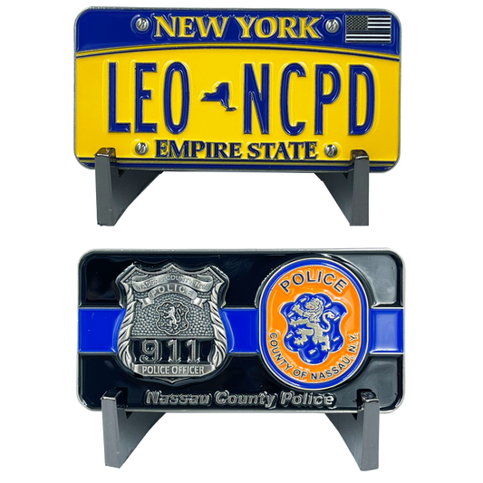 BL8-016 Nassau County Police Department Challenge Coin Thin Blue Line Long Island Police Officer NY New York License Plate