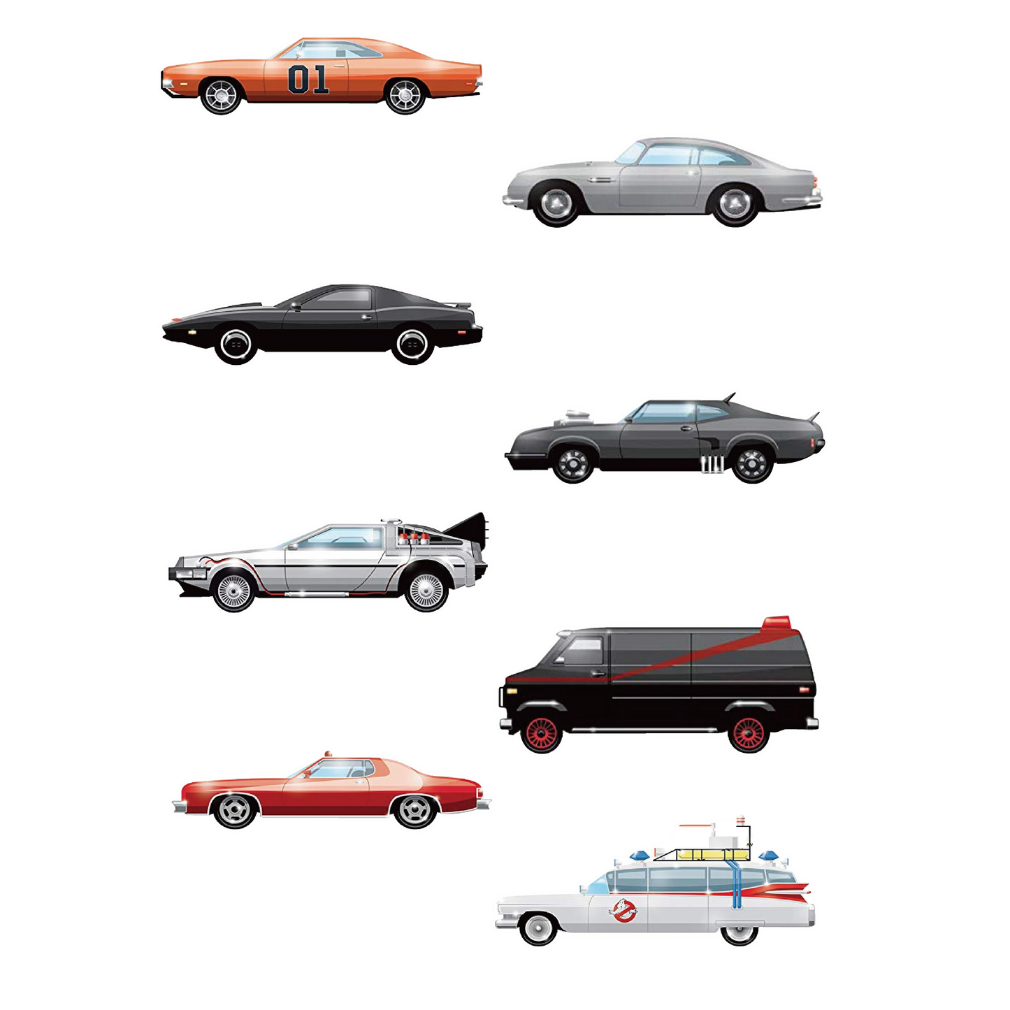 DL11-07 Legendary Iconic Movie TV Cars 1980 Edition 8 pins 80's set collection Knight Rider Back to the Future Mad Max Starsky and Hutch A-Team Ghost Busters James Bond Dukes of Hazzard