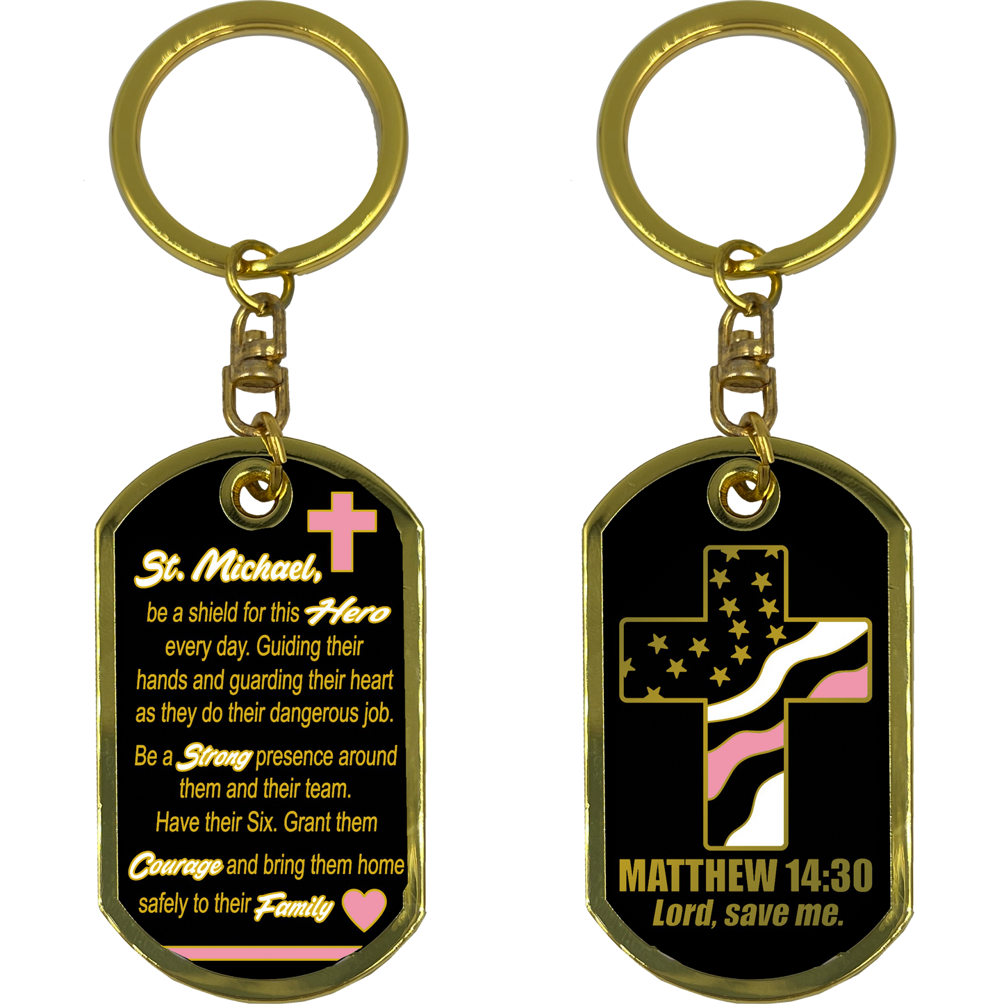 GL5-008 Breast Cancer Awareness Survivor Prayer Saint Michael Corrections Protect Us Matthew 14:30 Challenge Coin Dog Tag Keychain Thin Pink Line