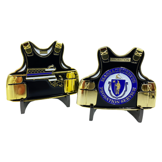 CL-AA Massachusetts Probation LEO Thin Blue Line Police Body Armor State Flag Challenge Coins