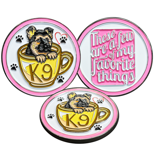 BL14-004 Cute PINK K9 Puppy in coffee mug canine challenge coin police service dog handler