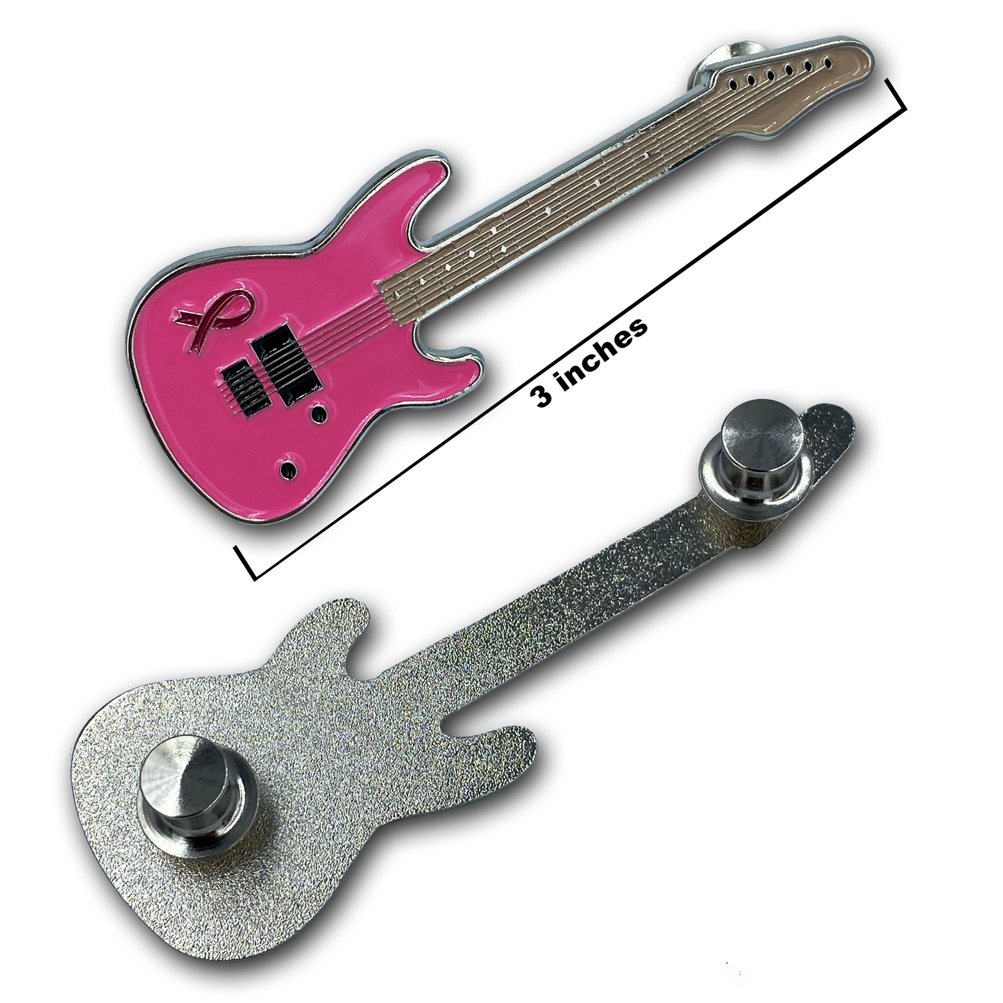FF-022 Pink Ribbon Breast Cancer Awareness Ribbon Guitar pin 3 inch with 2 pin posts and deluxe clasps