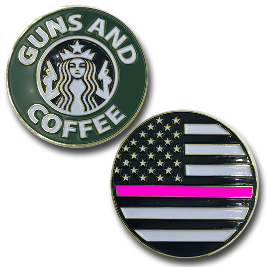 GL1-009 Thin Pink Line Guns and Coffee Challenge Coin Police NYPD CBP FBI ATF Law Enforcement Breast Cancer