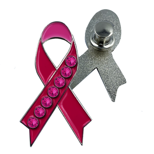 Pink Ribbon with 7 pink rhinestone crystals Breast Cancer Awareness Pin