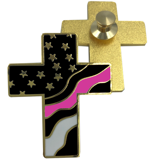 Thin Pink Line American Flag Cross USA Lapel pin Cloisonné Breast Cancer Awareness Police