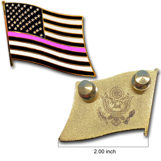 Thin Pink Line Large cloisonné American Flag Lapel Pin with 2 pin posts, 2 deluxe clasps Breast Cancer Police