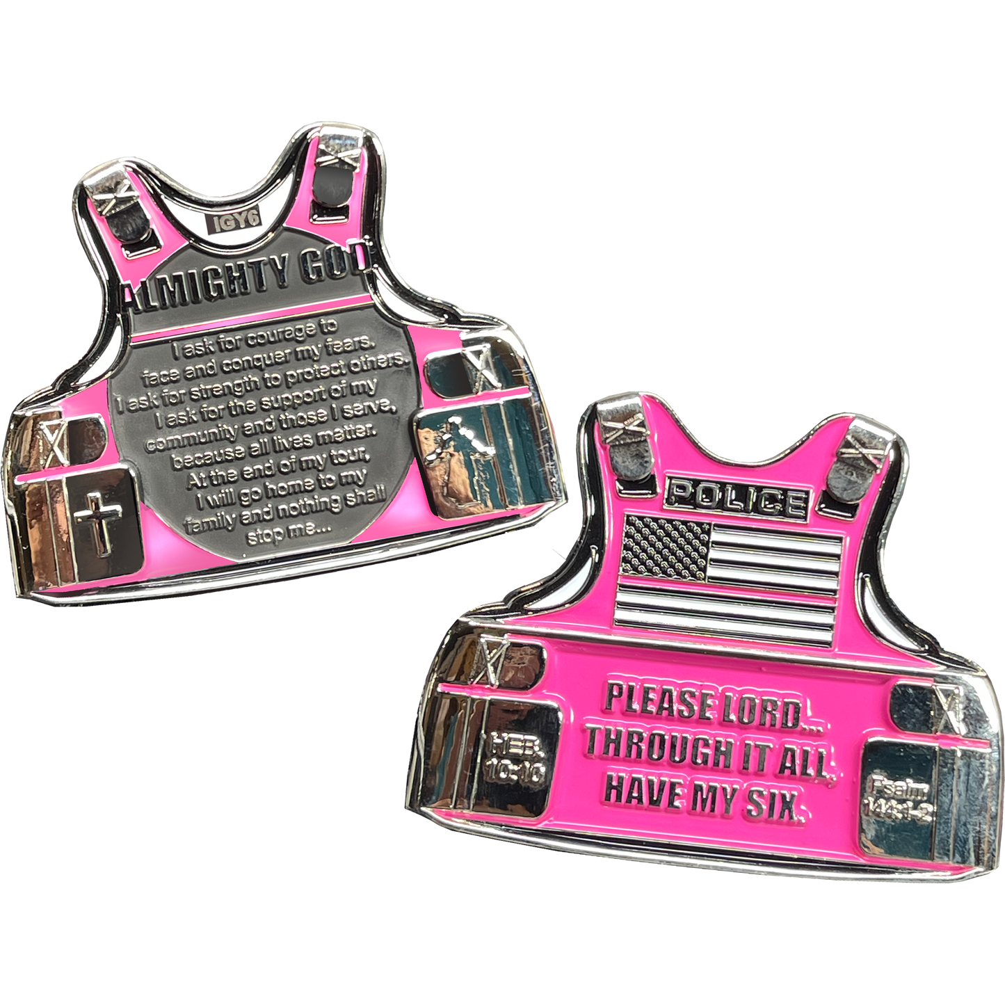 BL12-014 Police Officer's Prayer God Almighty Challenge Coin Vest Thin Pink Line Breast Cancer Awareness
