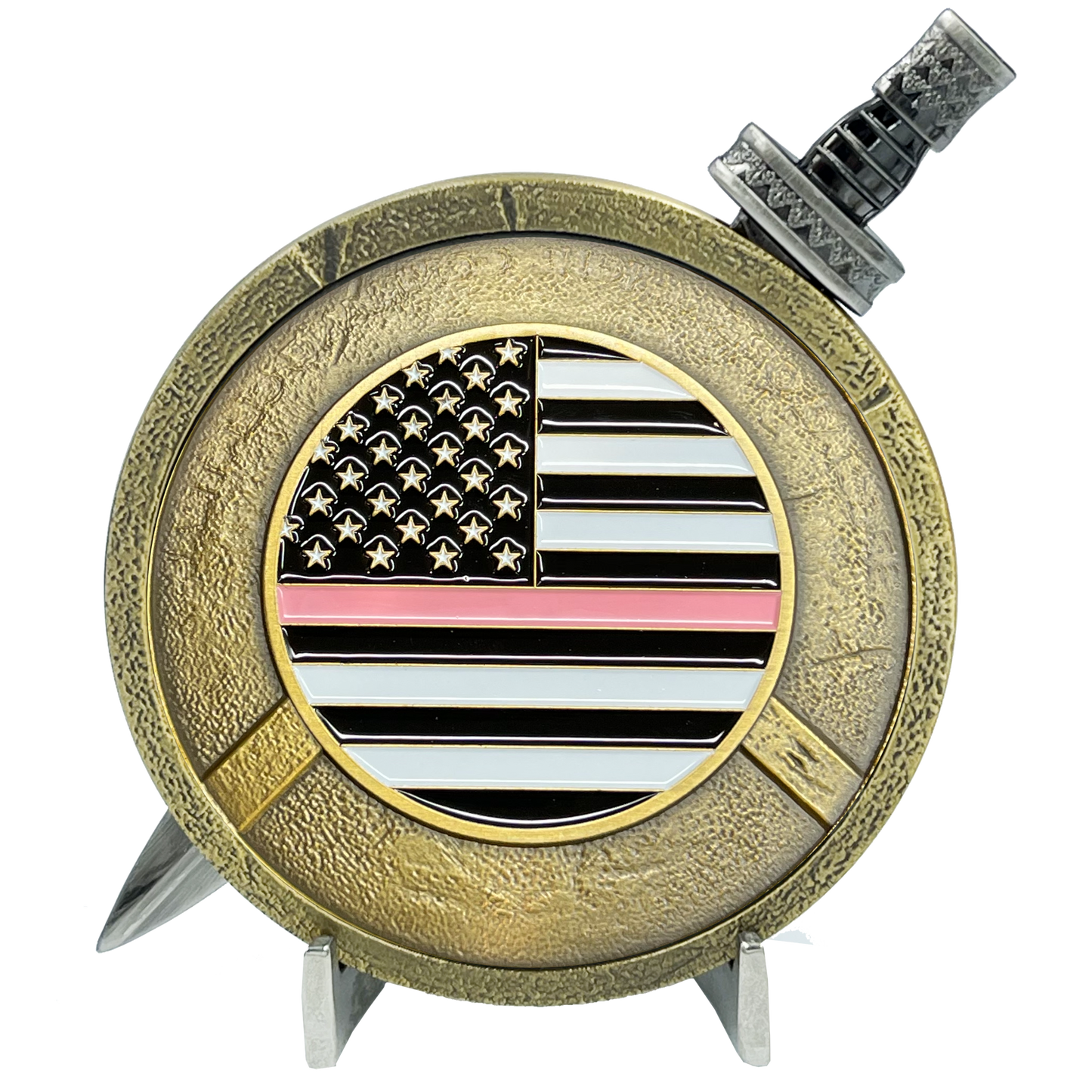 EL3-019 Breast Cancer Awareness Warrior Gladiator Survivor Thin Pink Line Shield with removable Sword Challenge Coin Set Police Sheriff Deputy Marines Army Air Force Navy Coast Guard