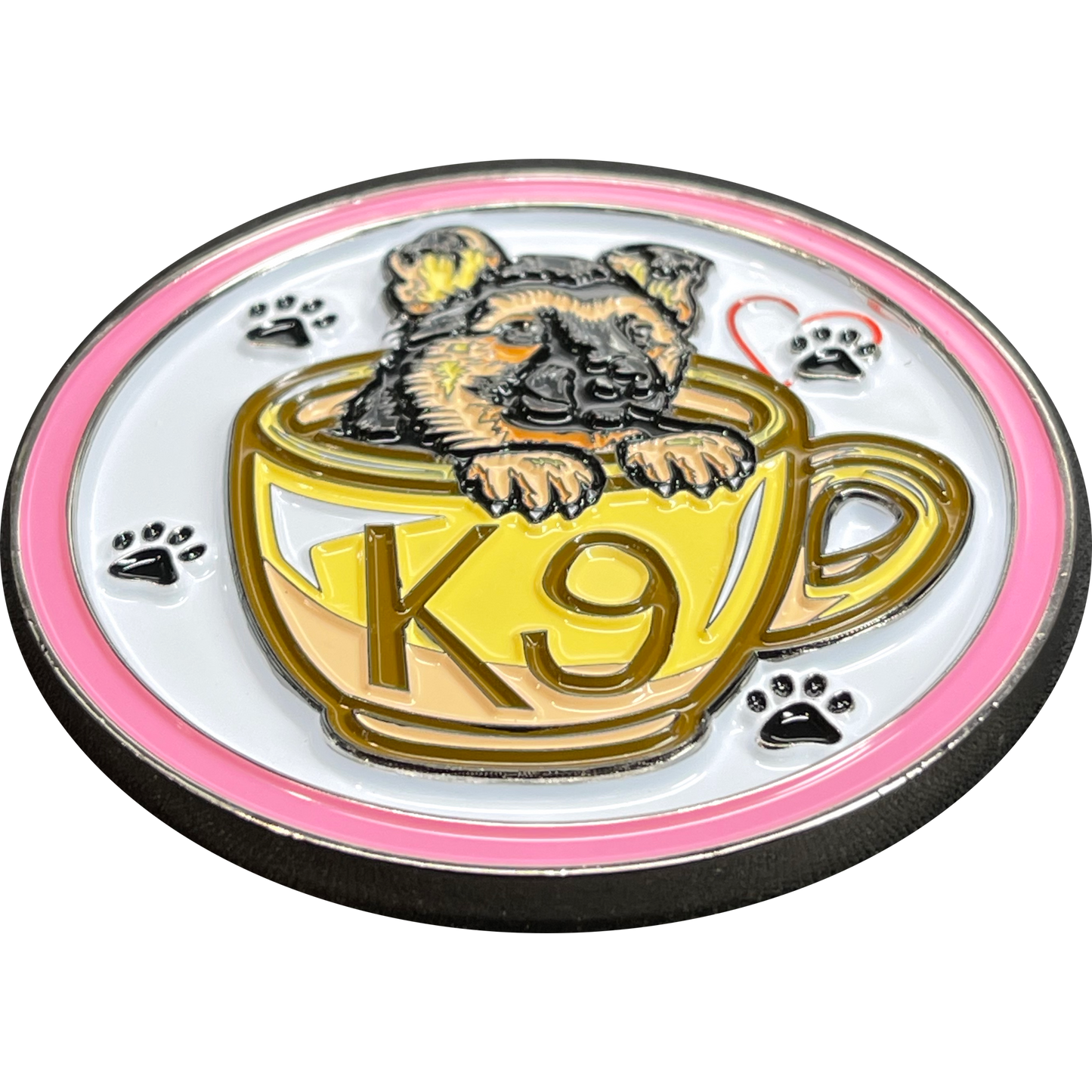 BL14-004 Cute PINK K9 Puppy in coffee mug canine challenge coin police service dog handler