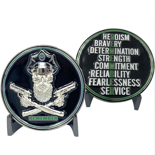 DL1-20 REMEMBER Thin Green Line Beard Gang Skull Border Patrol Agent Deputy Sheriff Army Marines Challenge Coin Corrections CBP