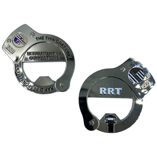 CL4-03 RRT Rapid Response Team Thin Gray Line HANDCUFFs Challenge Coin Bottle Opener Corrections Correctional Officer