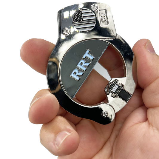 BL3-001 RRT Rapid Response Team Thin Gray Line HANDCUFFs Beard Gang Skull Challenge Coin Bottle Opener Corrections Correctional Officer