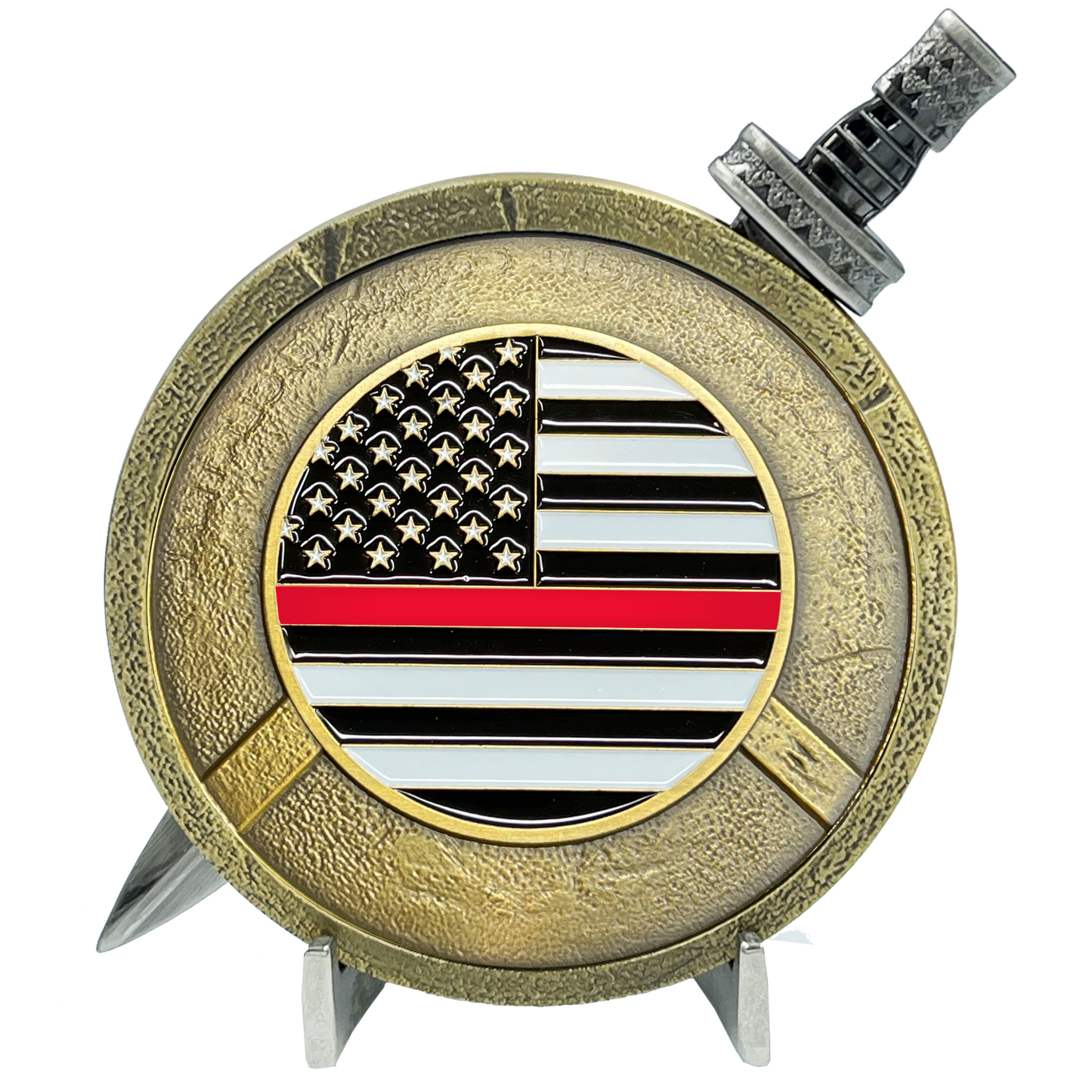 EL4-019 Fire Department Fire Fighter Warrior Gladiator Thin Red Line Shield with removable Sword Challenge Coin Set EMT Paramedic Emergency Services Rescue