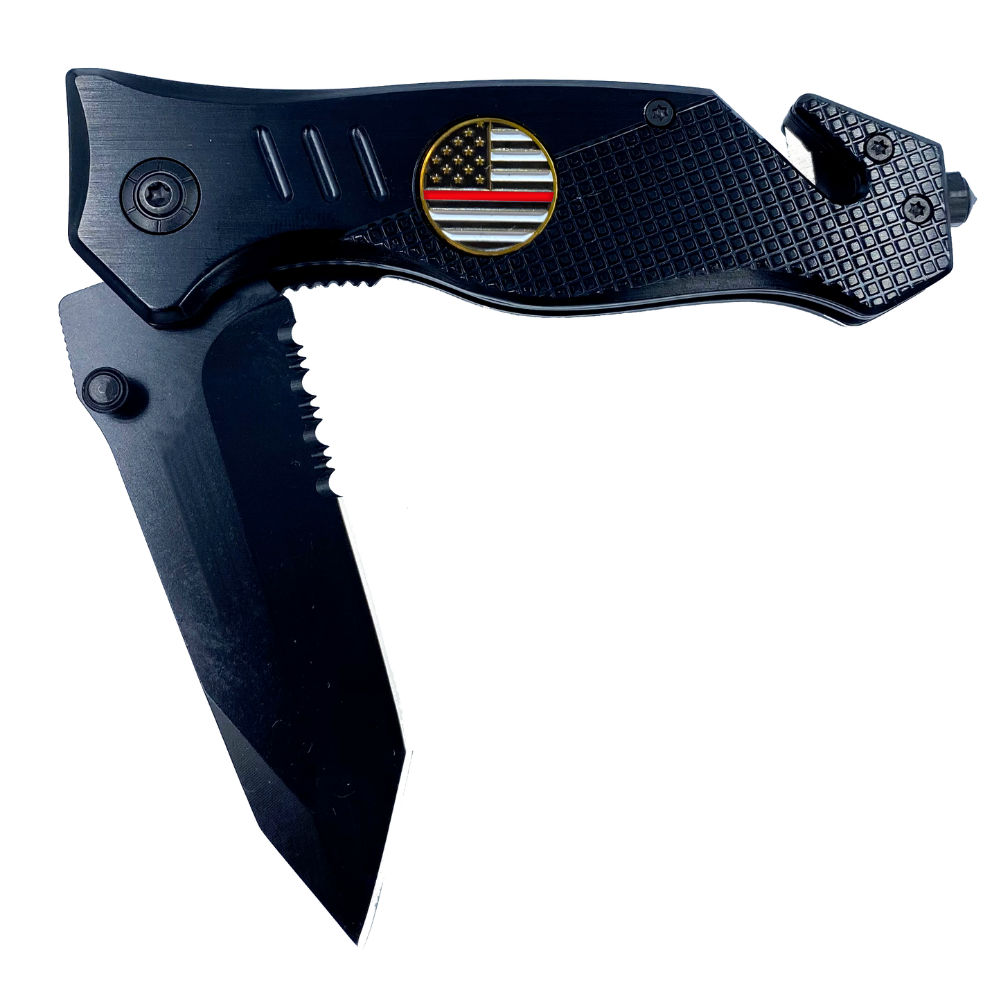 Thin Red Line collectible 3-in-1 Police Tactical Rescue knife tool for Firefighter Fire Fighter Fire Department with Seatbelt Cutter, Steel Serrated Blade, Glass Breaker