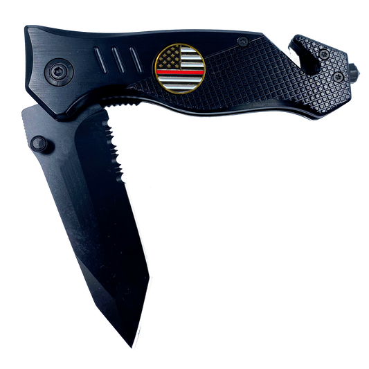 Thin Red Line collectible 3-in-1 Police Tactical Rescue knife tool for Firefighter Fire Fighter Fire Department with Seatbelt Cutter, Steel Serrated Blade, Glass Breaker