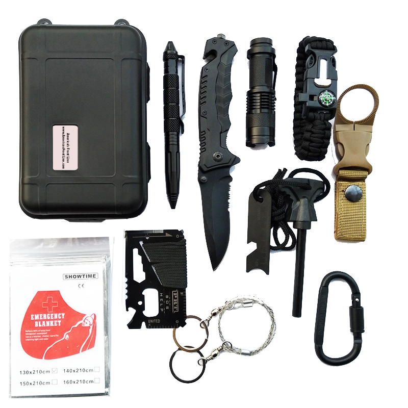 RCBB America's Front Line Survival Tool Kits 12-in-1 Emergency Tools, Rock Climbing Gear, Emergency Blankets, Survival Bracelet, Tactical Pen, Tactical Flashlight, Gift Sets for Men & Women