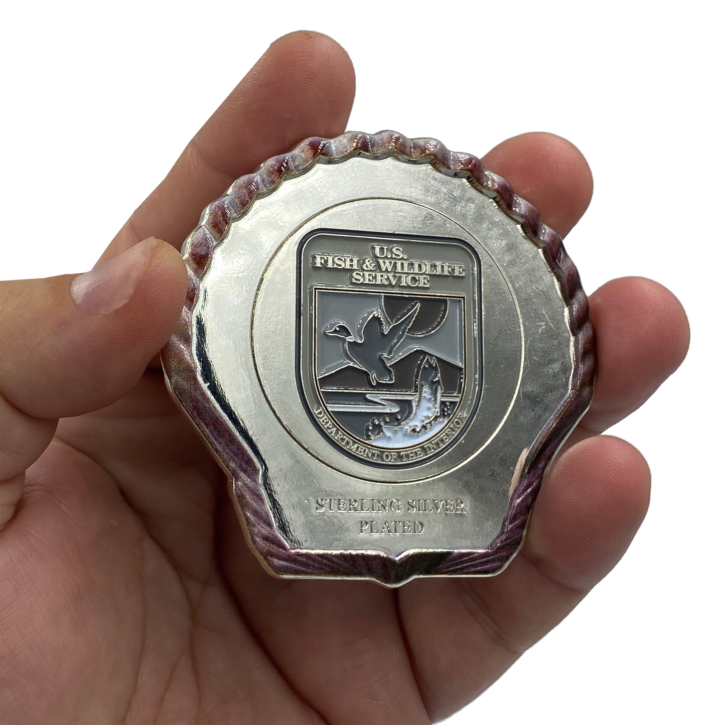 EL4-017 FWL U.S. FISH AND WILDLIFE SERVICE Sterling Silver Plated Seashell Challenge Coin Shell Federal FWS