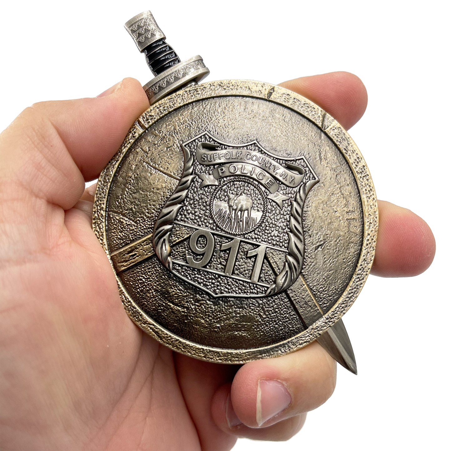 EL9-004 Suffolk County Police Department Shield with removable Sword Challenge Coin Set Long Island SCPD