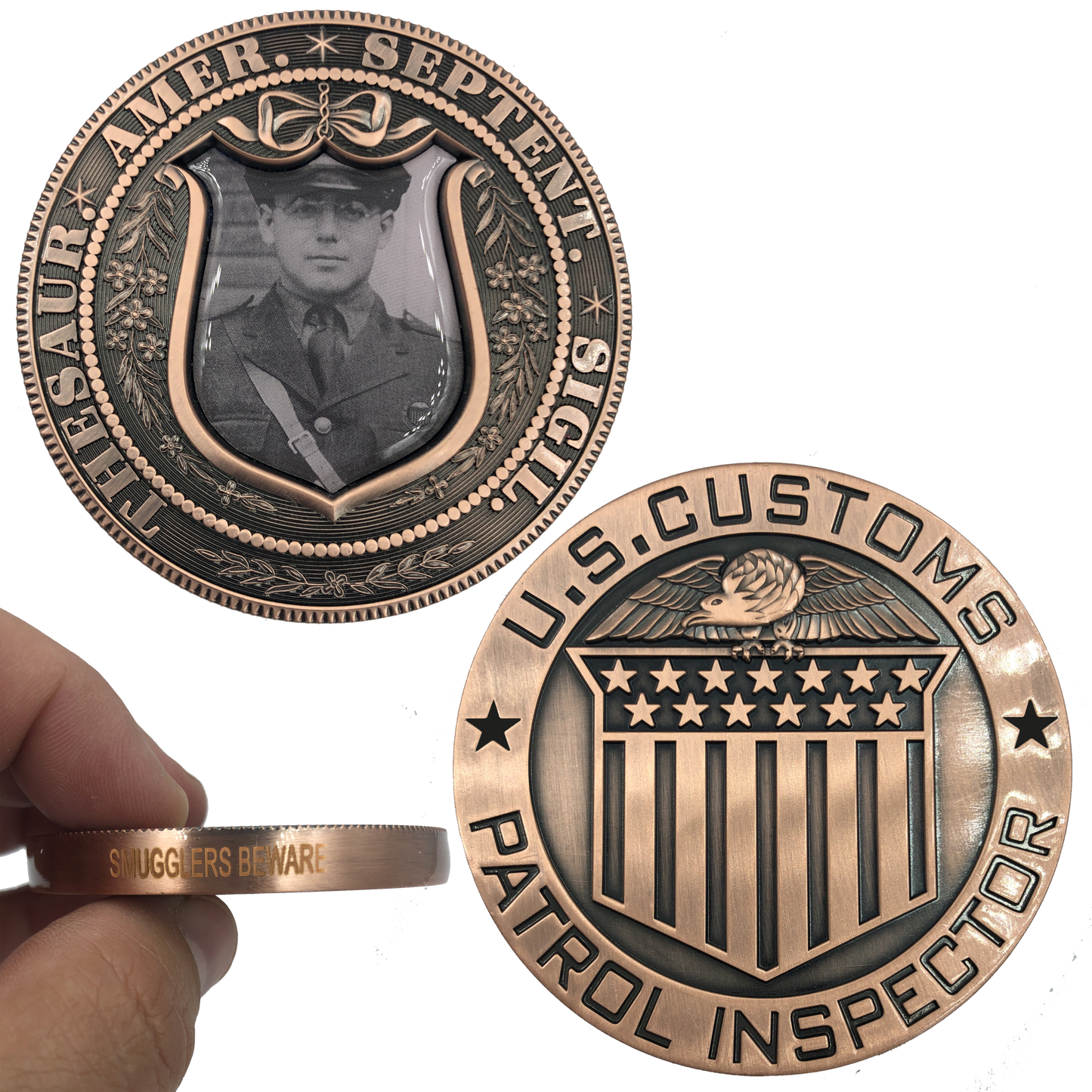 JJ-019 Smugglers Beware Vintage U.S. Customs Patrol Inspector Large Copper Challenge Coin