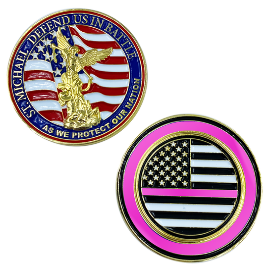 CL13-03 St. Michael Defend Us Police Officer's Prayer Challenge Coin Thin Pink Line Breast Cancer Awareness