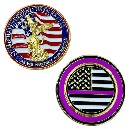 CL13-04 St. Michael Defend Us Police Officer's Prayer Challenge Coin Thin Purple Line Security