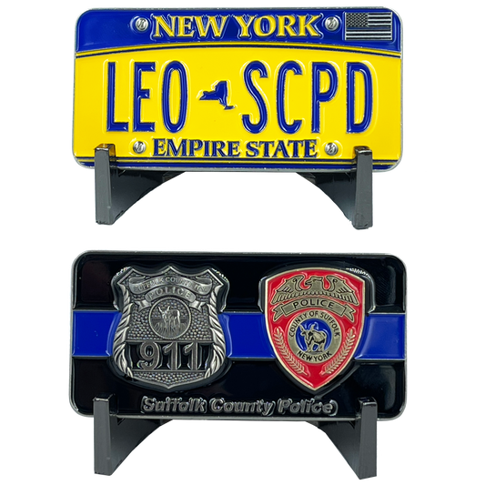 BL8-017 Suffolk County Police Department Challenge Coin Thin Blue Line Long Island Police Officer NY New York License Plate