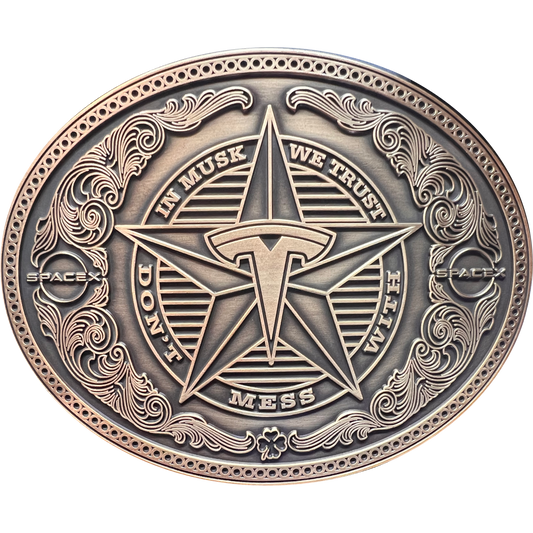 GL10-007 Don't Mess with Tesla Giga In Elon Musk We Trust SpaceX Texas Style Western Belt Buckle