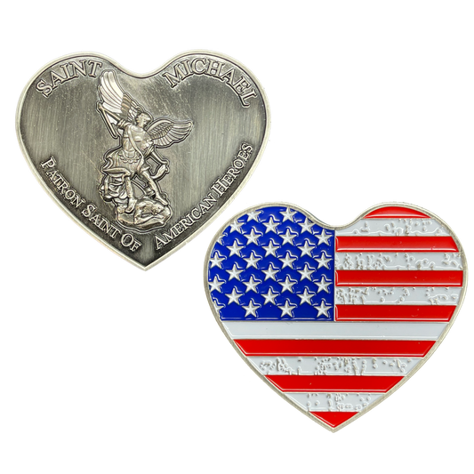 EL4-001 AMERICAN FLAG Patriotic USA St. Michael Heart Love prayer Patron Saint of American Heroes Military Police Veteran Paramedic First Responder