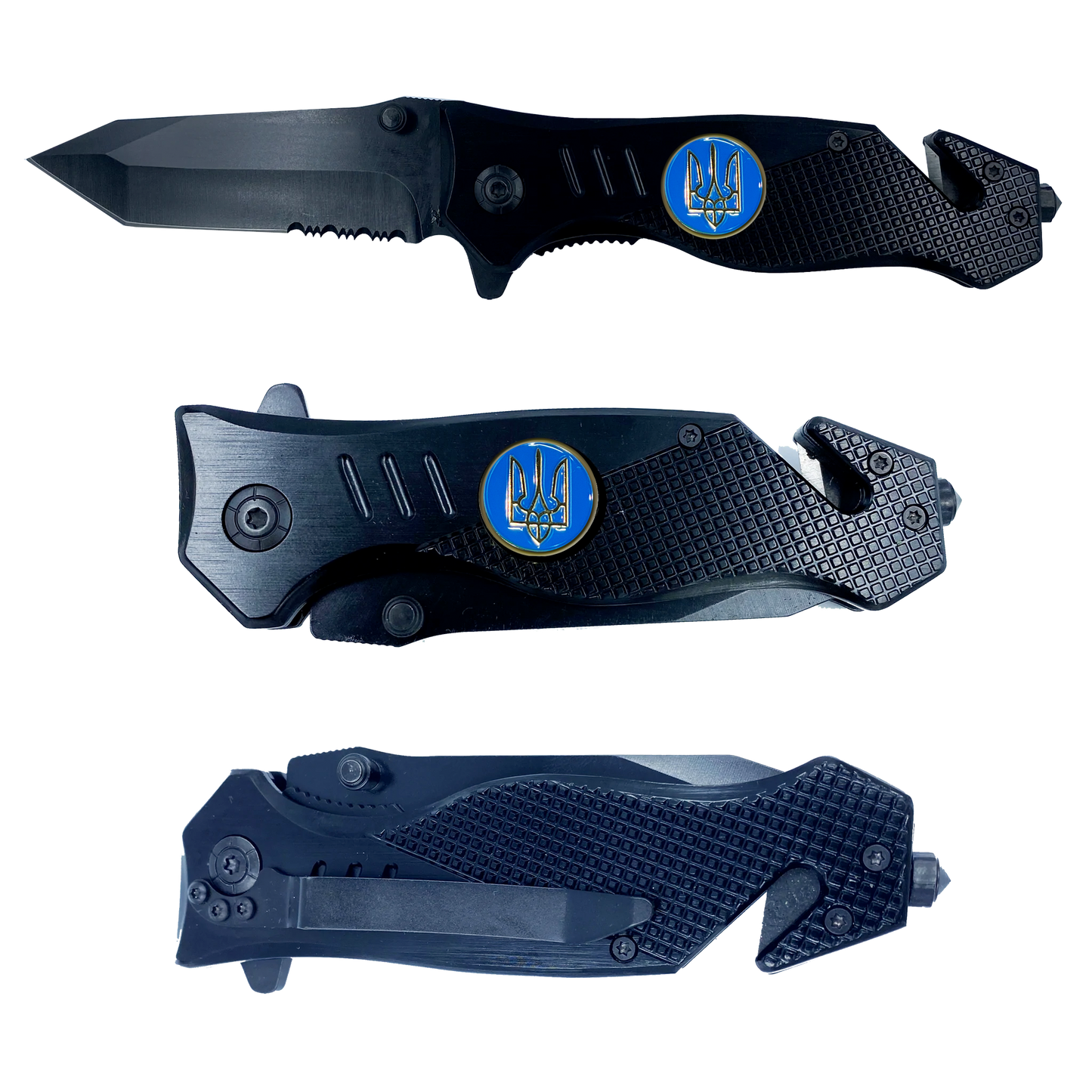 Ukraine Armed Forces Ukrainian Army Navy Air Force Military collectible 3-in-1 Police Tactical Rescue knife tool with Seatbelt Cutter, Steel Serrated Blade, Glass Breaker