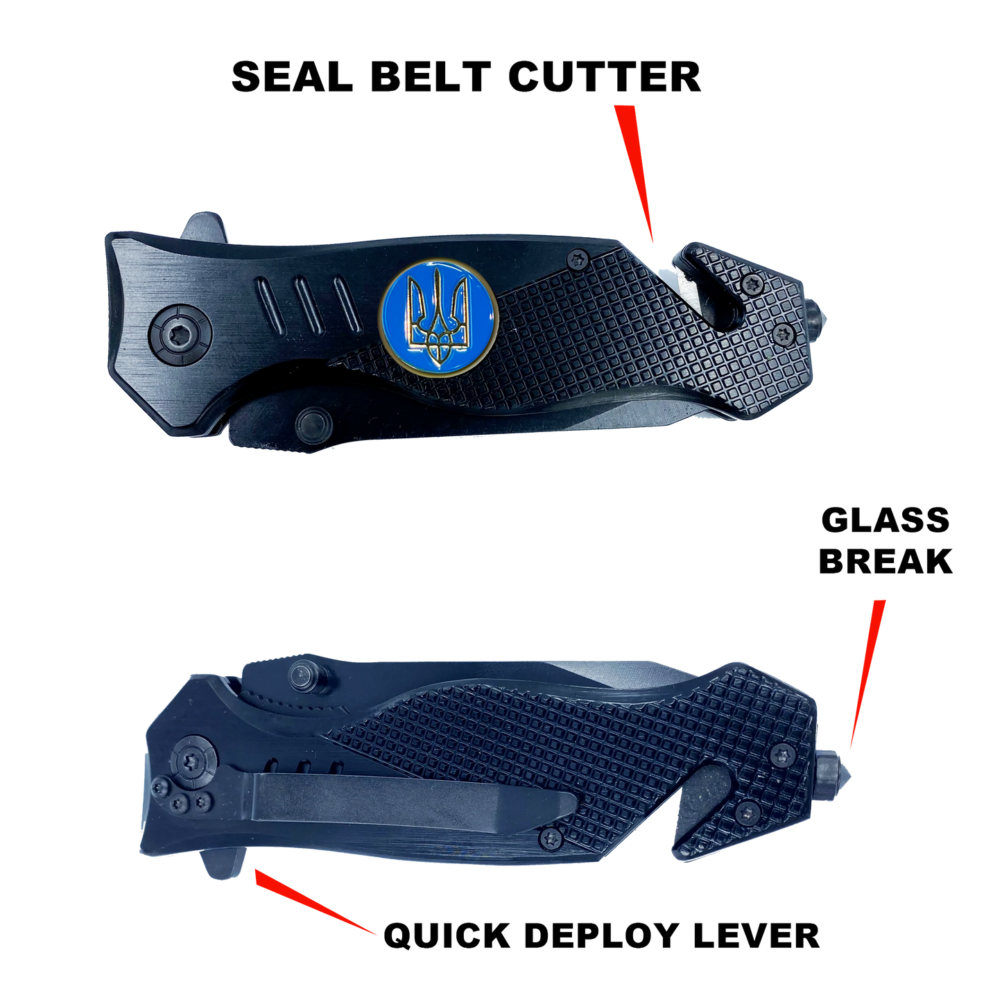 Ukraine Armed Forces Ukrainian Army Navy Air Force Military collectible 3-in-1 Police Tactical Rescue knife tool with Seatbelt Cutter, Steel Serrated Blade, Glass Breaker