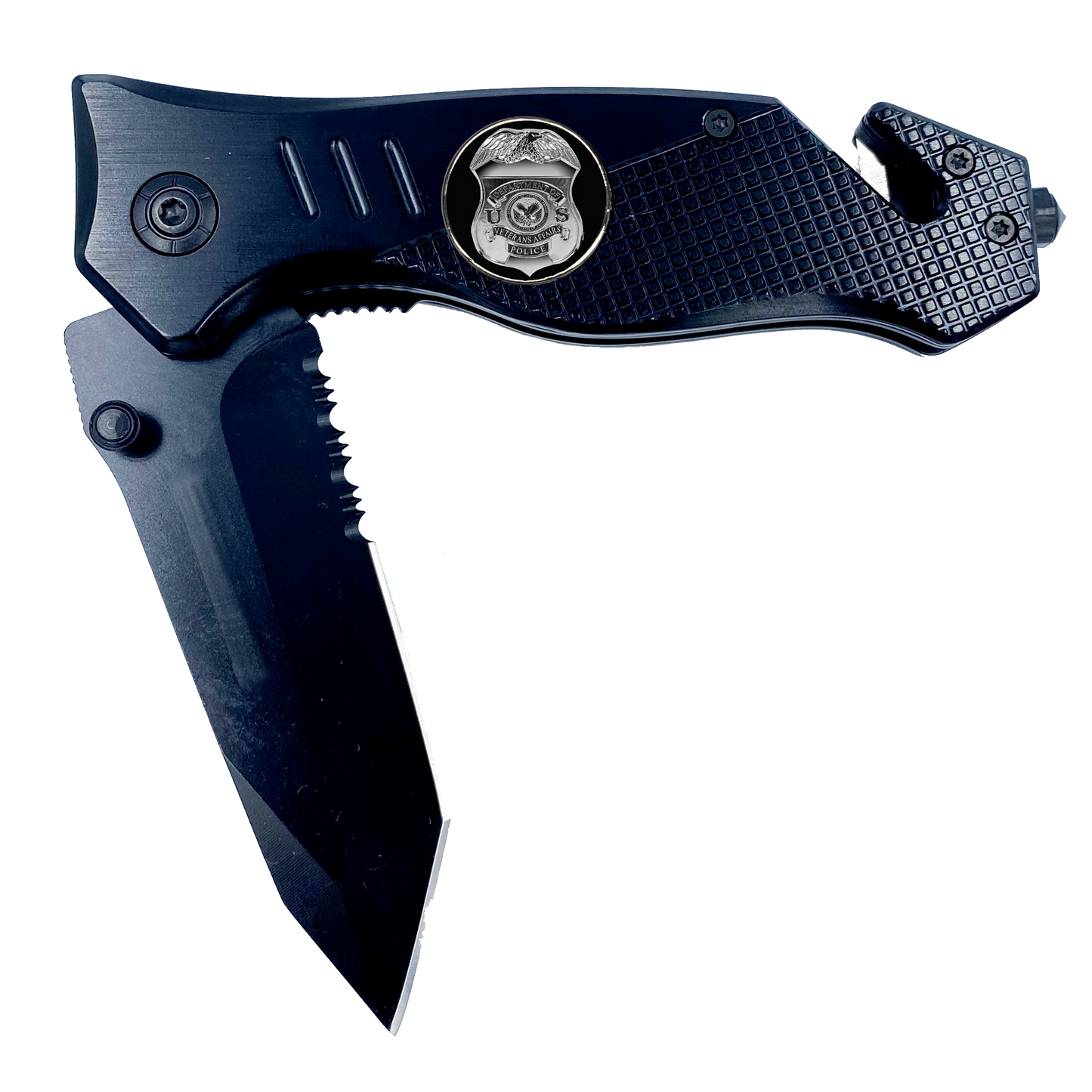 Veterans Affairs VA Police 3-in-1 Tactical Rescue knife tool with Seatbelt Cutter Steel Serrated Blade Glass