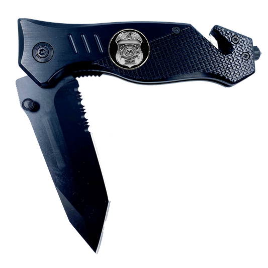 Veterans Affairs VA Police 3-in-1 Tactical Rescue knife tool with Seatbelt Cutter Steel Serrated Blade Glass