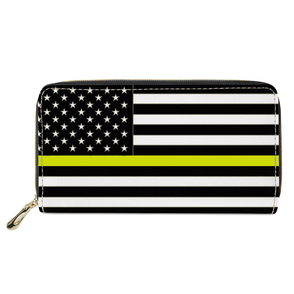 REF-003 Thin Gold Line flag zippered wallet for 911 Emergency Dispatcher or gift for Wife, Husband, family yellow