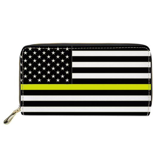 REF-003 Thin Gold Line flag zippered wallet for 911 Emergency Dispatcher or gift for Wife, Husband, family yellow