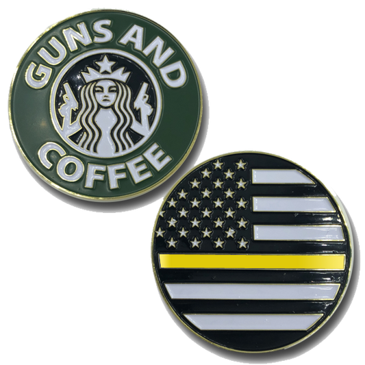 L-15 Thin Yellow/Gold Line Guns and Coffee Challenge Coin Police 911 dispatcher