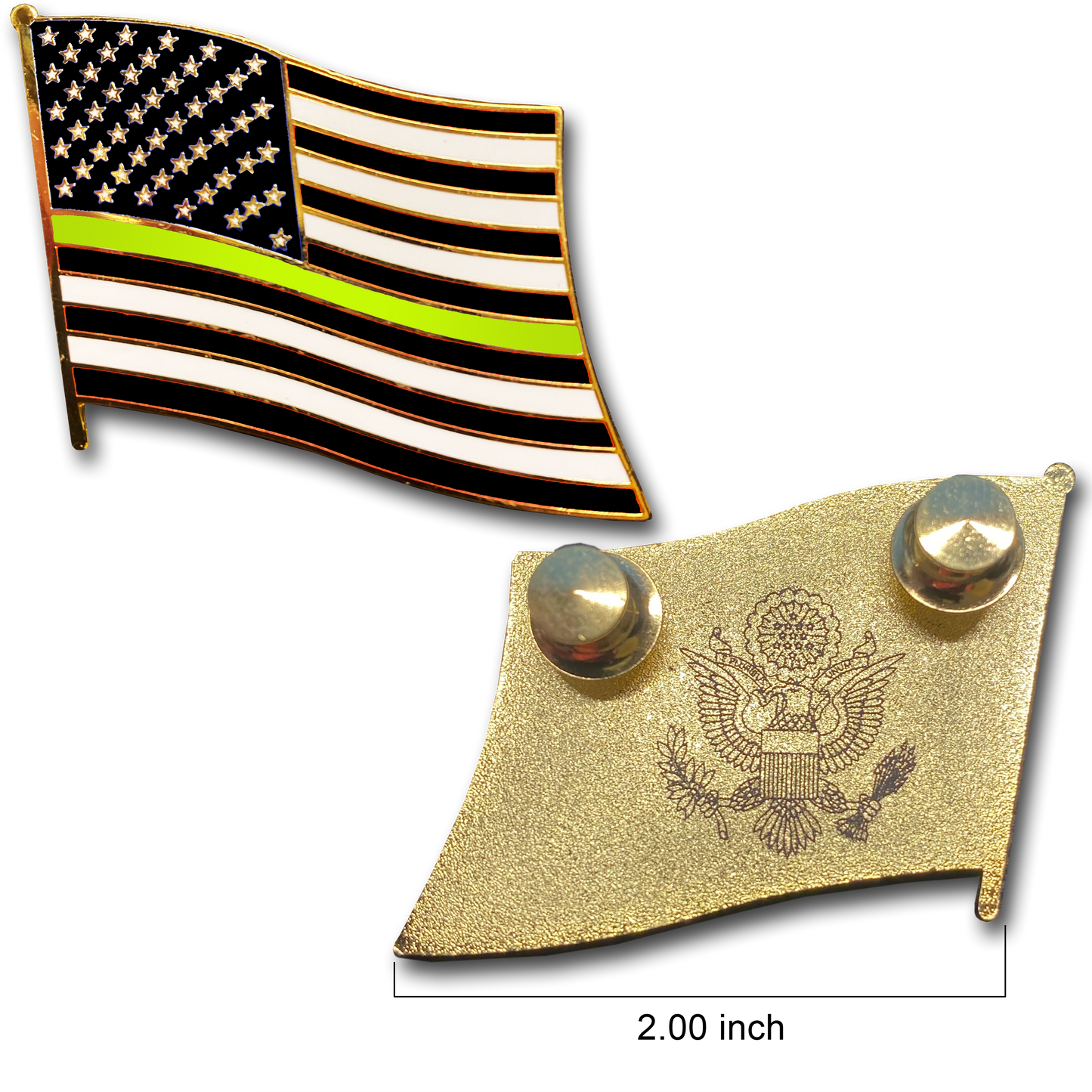 Thin Gold Line dispatcher Large cloisonné American Flag Lapel Pin with 2 pin posts, 2 deluxe clasps security yellow gold 911