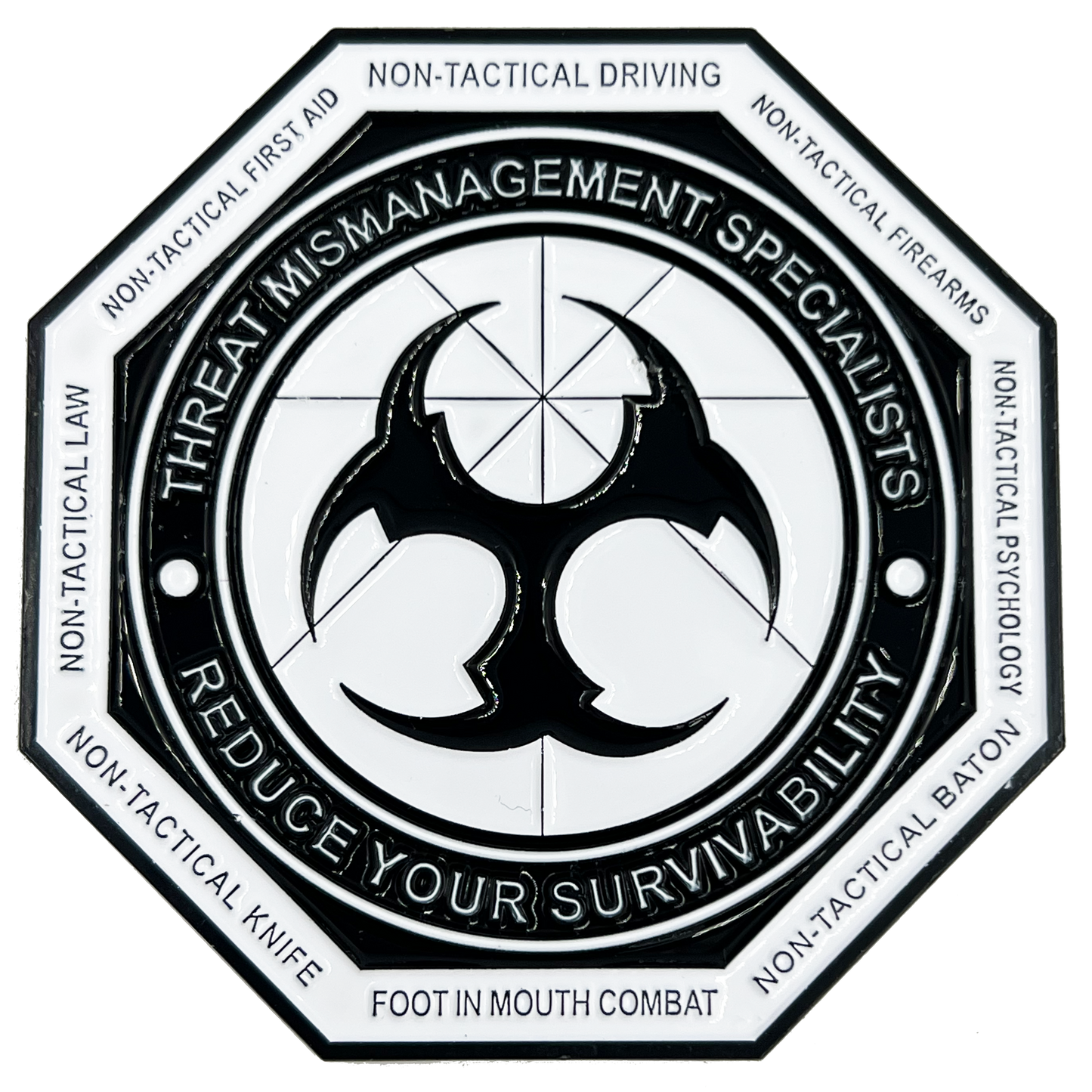 EL13-017 Defensive Tactics Firearms Instructor parody Challenge Coin Threat Mismanagement Specialists Police Military Gag Gift