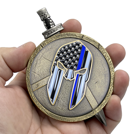 EL6-019 Thin Blue Line Police Warrior Gladiator Shield with removable Sword Challenge Coin Set Deputy Sheriff CBP ATF LAPD NYPD DEA HSI ICE
