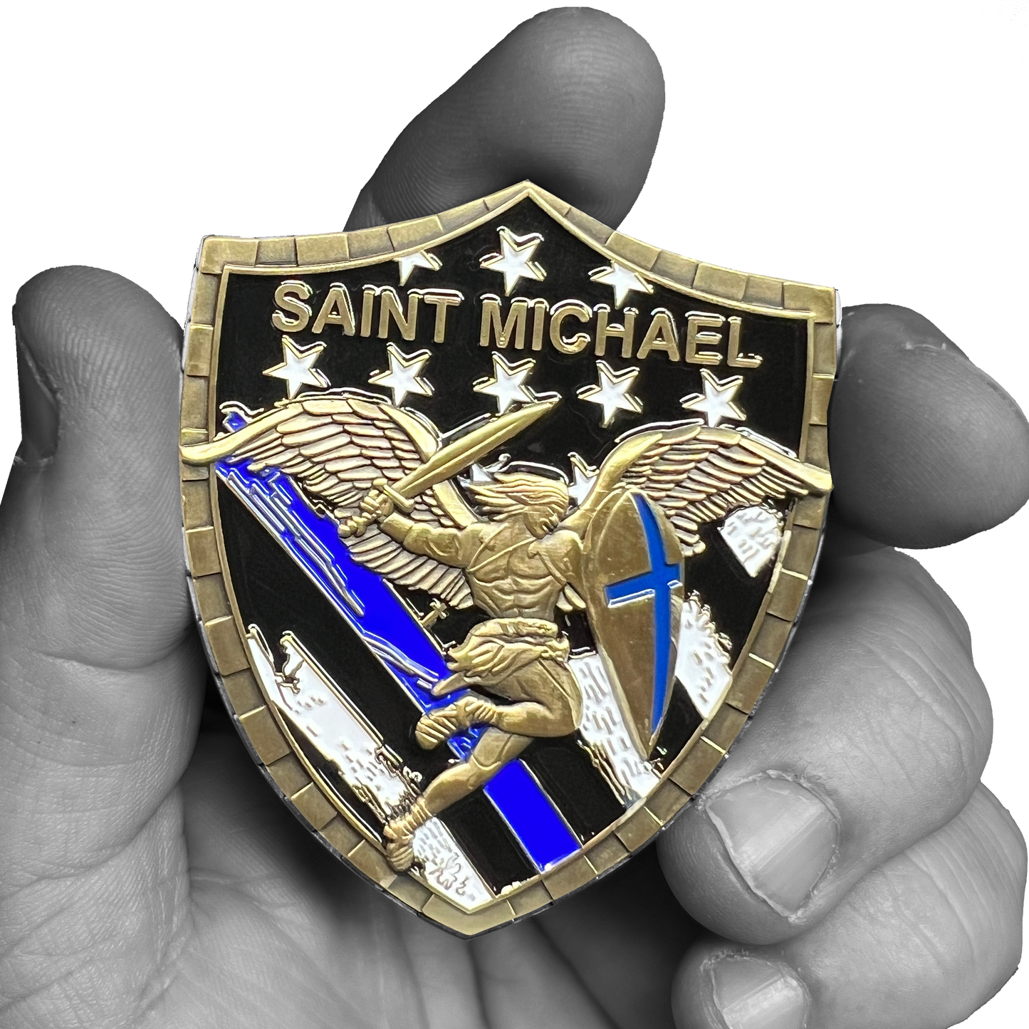 GL5-004 Police Saint Michael Gladiator Shield Thin Blue Line Flag Challenge Coin LAPD NYPD CPD CBP BI ATF