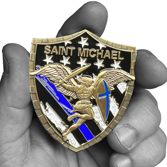GL5-004 Police Saint Michael Gladiator Shield Thin Blue Line Flag Challenge Coin LAPD NYPD CPD CBP BI ATF