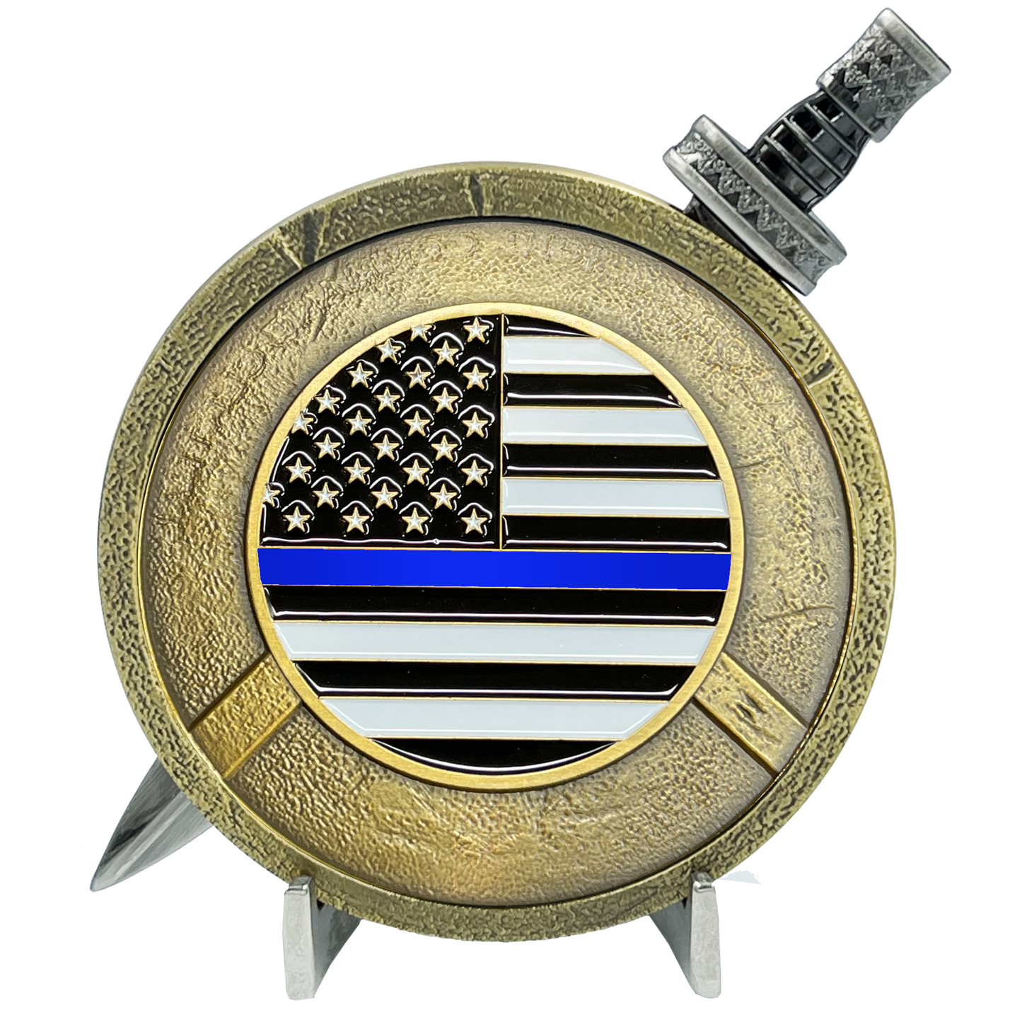 EL6-019 Thin Blue Line Police Warrior Gladiator Shield with removable Sword Challenge Coin Set Deputy Sheriff CBP ATF LAPD NYPD DEA HSI ICE