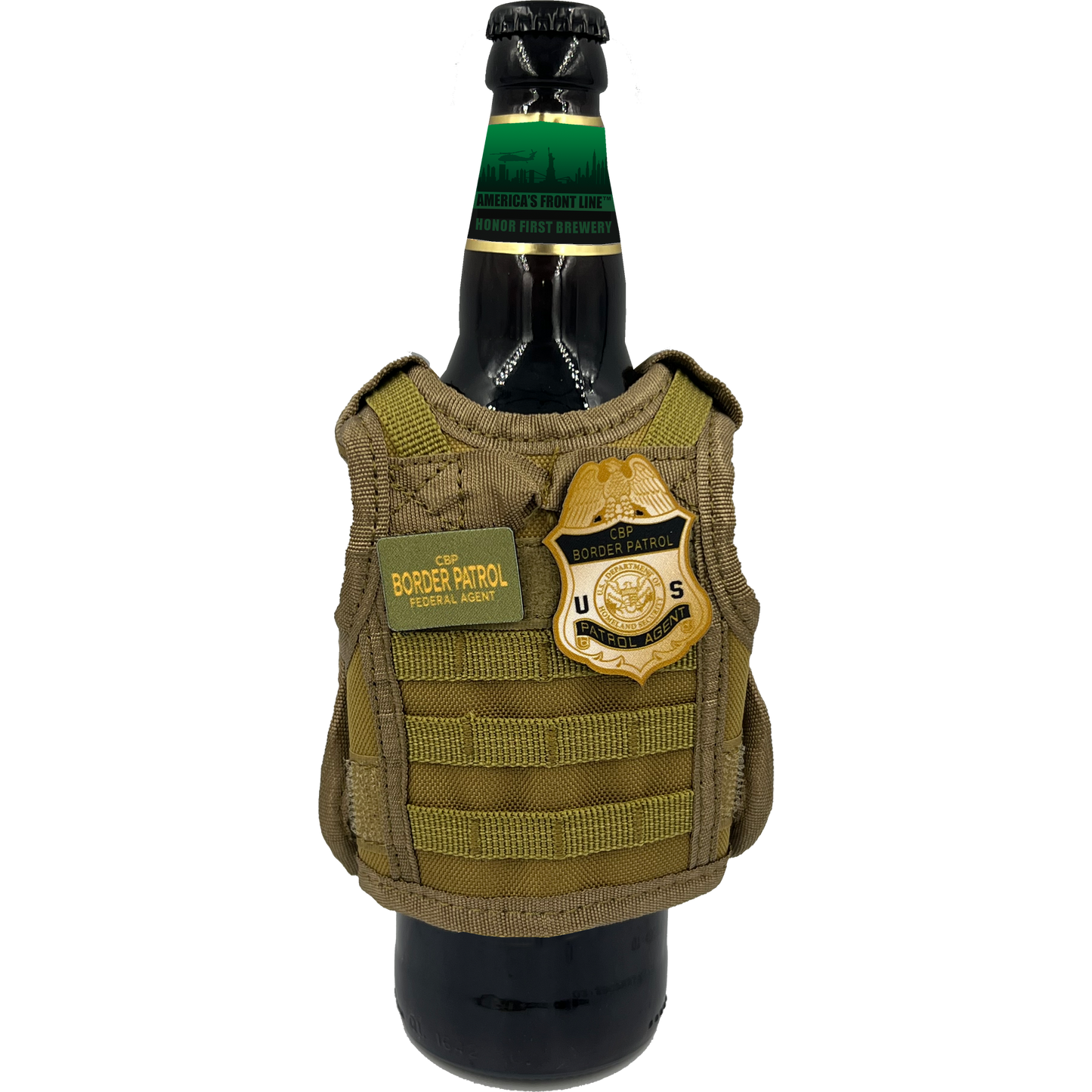 BRB-002-A Border Patrol Agent Tactical Beverage Bottle or Can Cooler Vest CBP BPA with removable patches perfect gift for Challenge Coin collectors