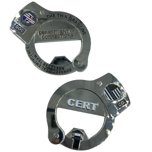 KK-013 CERT Thin Gray Line HANDCUFFs Challenge Coin Bottle Opener Corrections Correctional Officer